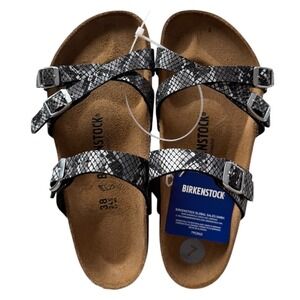 Birkenstock Franca Snakeskin Print Sandals Black Silver Strappy Slides 38 L7